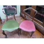 Victorian mahogany pink and green velvet seated salon chairs (2)