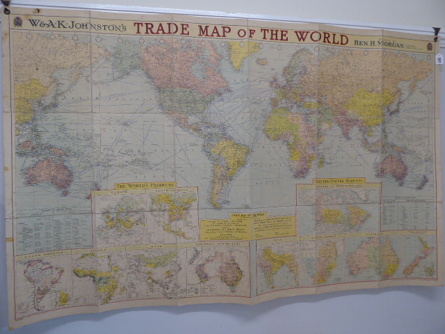 W & A K Johnson's early 20thC cloth backed "Trade Map of the World" edited by Ben Morgan ( 69" x