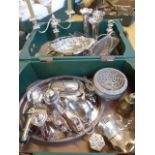Silver plated coffee pots, candelabra, vases, ladle, tray,