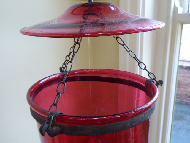 19thC Cranberry glass hanging bell jar lantern suspended on 3 chain hooks with pheasants head - Image 4 of 6