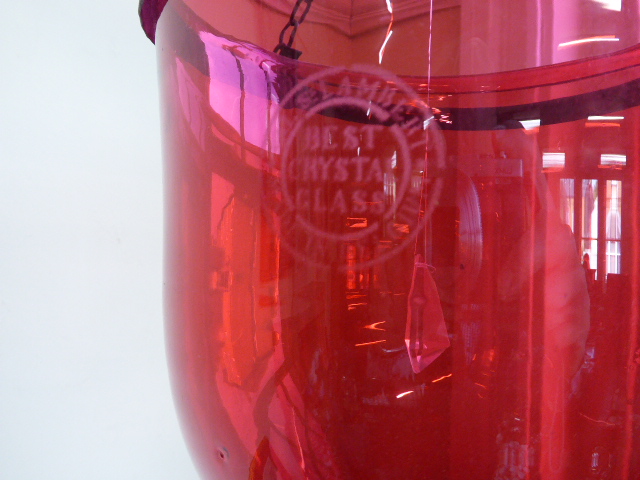 19thC Cranberry glass hanging bell jar lantern suspended on 3 chain hooks with pheasants head - Image 6 of 6