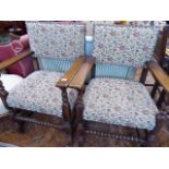 Pair Oak bobbin stretcher upholstered elbow chairs