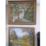Oil on board paintings depicting a family walk in woodland - R Simpson and a horse riding scene