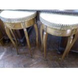 Pair Kingwood Ormolu mounted marble top demi lune hall tables