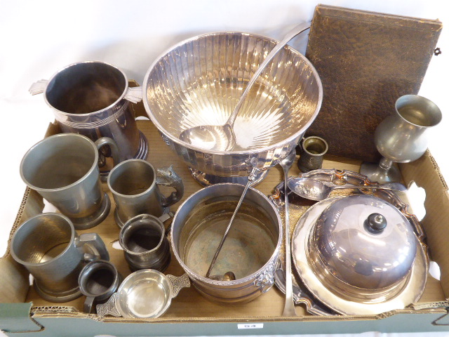 Silver plated punch bowl, muffin dish, bottle holder,