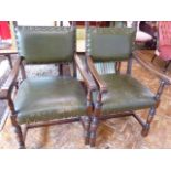 Pair oak leatherette seated elbow chairs