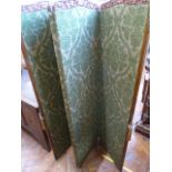 19thC 4 fold brass mounted mahogany printed Hessian dressing screen