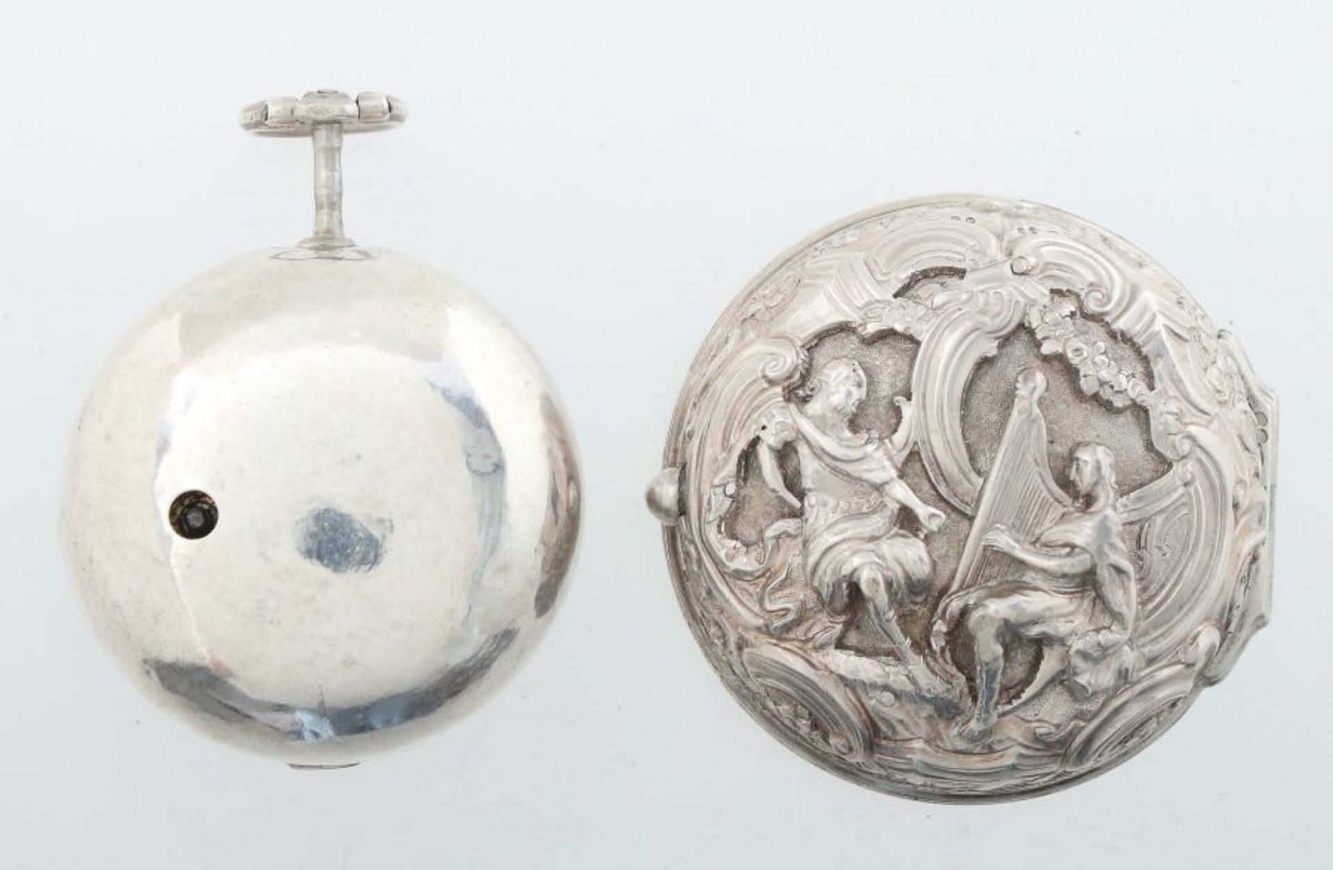 Spindeltaschenuhr mit Repoussé-Doppelgehäuse London, Georges May, um 1769, Silber, weißes - Bild 4 aus 10