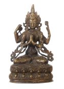 Bodhisattva Avalokiteshvara Nepal, 20. Jh., Bronze, in vajrasana auf einem doppelten Lotussockel