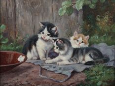 Kögl, Benno Greding 1892 - 1973 München, deutscher Tiermaler. "Drei junge Katzen", auf einer blaue