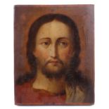 Ikone "Jesus Christus" Russland, 19./20. Jh., Brustbildnis des Gottessohnes in rotem Gewand, bez.,