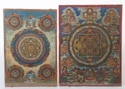 2 Thangkas Nepal, wohl 20. Jh., Leinen/Gouache, 2 Mandala-Thangkas je mit zentralem Medaillon, 1x