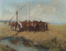 Kolozsvári, Sandor ungarischer Maler. "Pferdetränke in Pusta", vor weitläufiger Landschaftskuliss