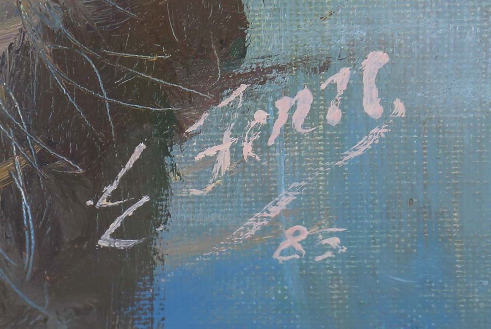 Maler des 20. Jh. "Sommerlicher Flusslauf" mit Bäumen und Gebüsch, dahinter Wiesen und Wald, unten - Bild 3 aus 4