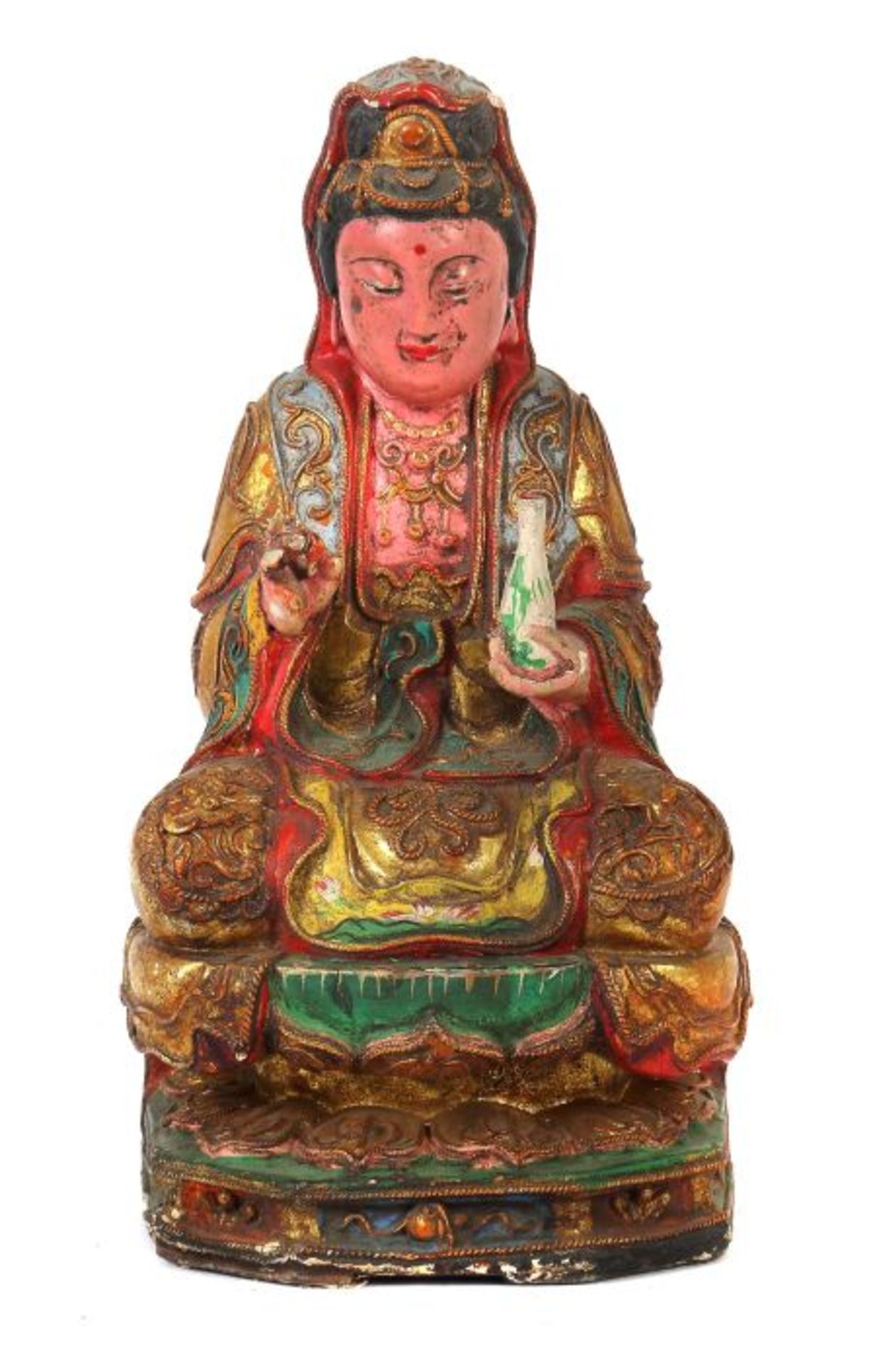 Guanyin wohl frühes 20. Jh., Holz/mit Textil bezogen und farbig staffiert, in vajrasana auf