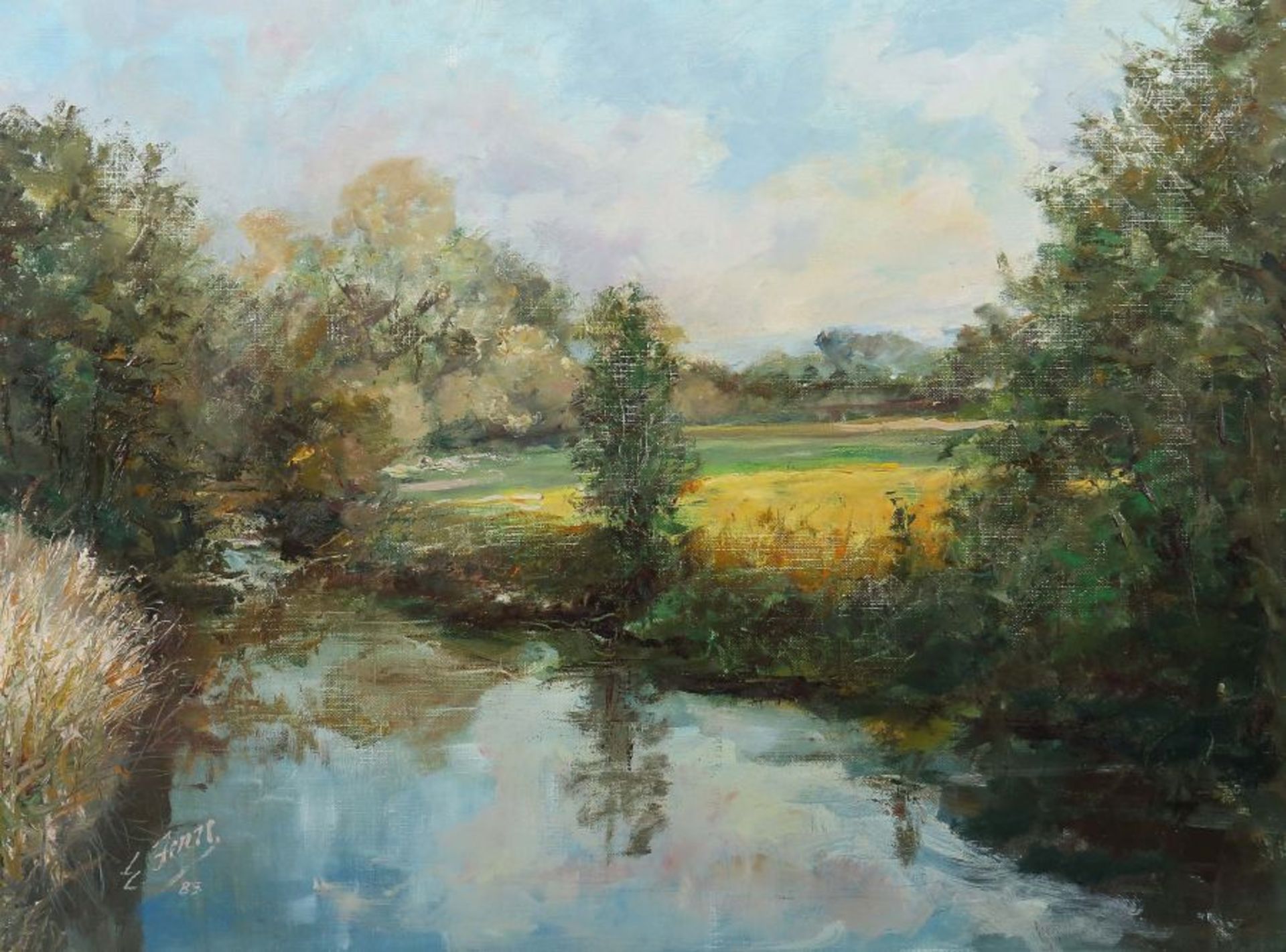 Maler des 20. Jh. "Sommerlicher Flusslauf" mit Bäumen und Gebüsch, dahinter Wiesen und Wald, unten