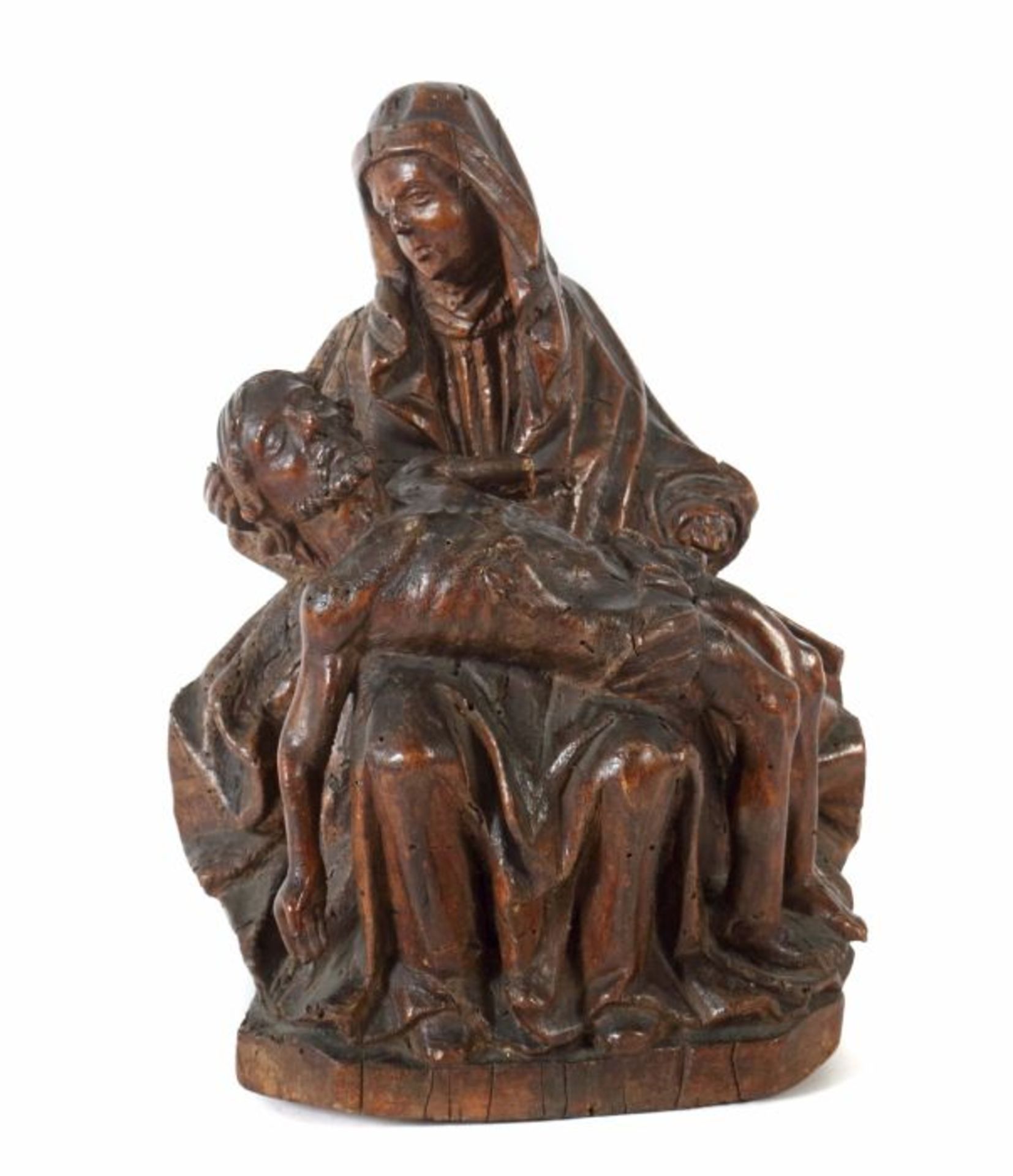 Bildschnitzer des 19. Jh. "Pieta", Holz geschnitzt, gebeizt, dreiviertelplastische Figur der