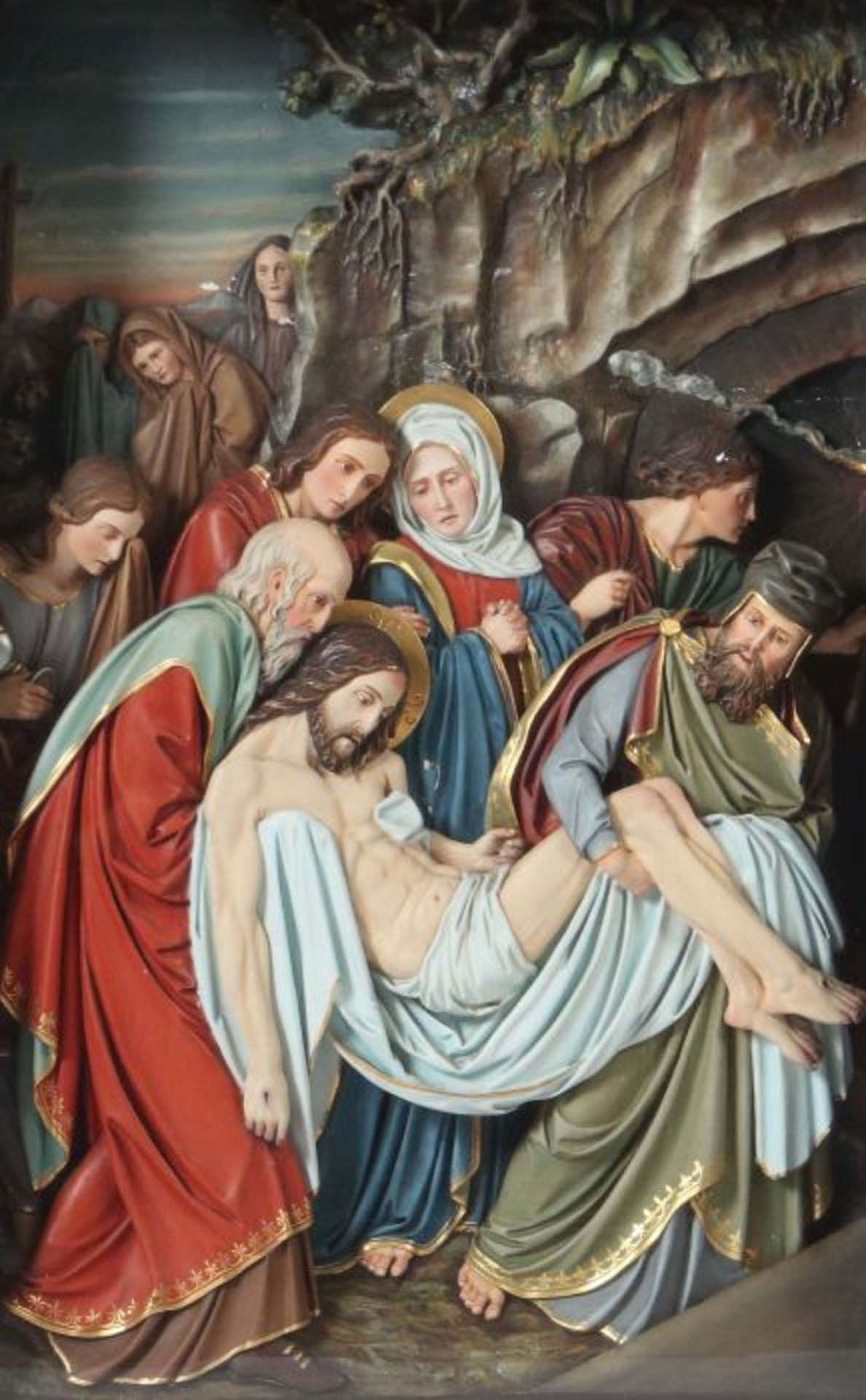 Grablegung Christi 20. Jh. Gipsguss, farbig gefasst, reliefierte Darstellung der 14. Station des
