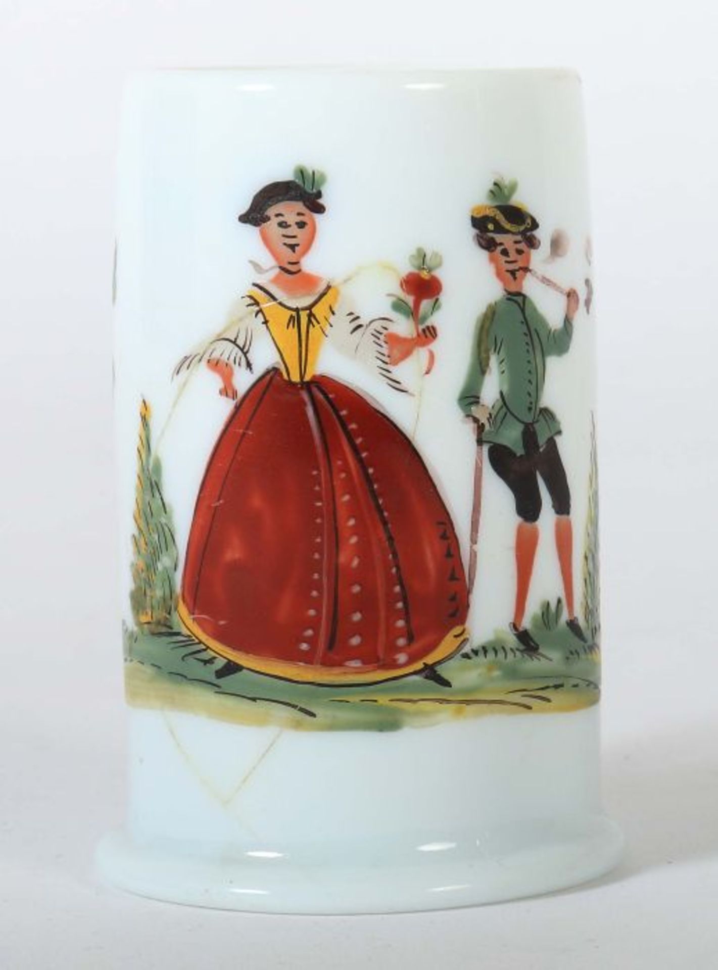 Kleiner Milchglashumpen 19. Jh., weißes, opakes Glas, mundgeblasen, polychrom staffiert, Humpen in