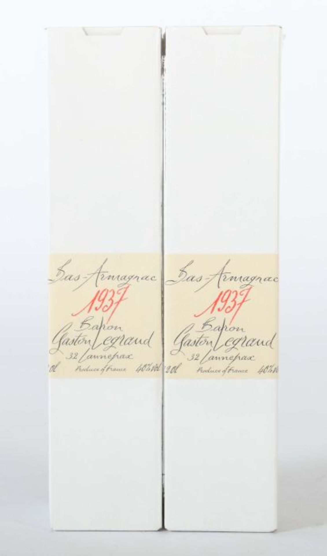 2 Flaschen Armagnac Baron Gaston Legrand Bas Armagnac, 1937er JG, je 40% vol., 0,2 l. In