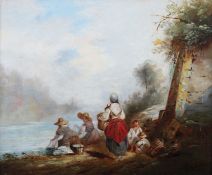 Maler des 19./20. Jh. "Waschfrauen am Fluss", daneben die spielenden Kinder, unten links undeutl.