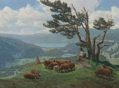 Hiller-Baumann, Leonore 1881 - 1957, deutsche Landschaftsmalerin. "Schäfer mit seiner Herde" in