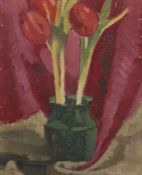 Maler des 20. Jh. "Stillleben mit Tulpen in einer Vase", rückseitig stilisierte Darstellung eines