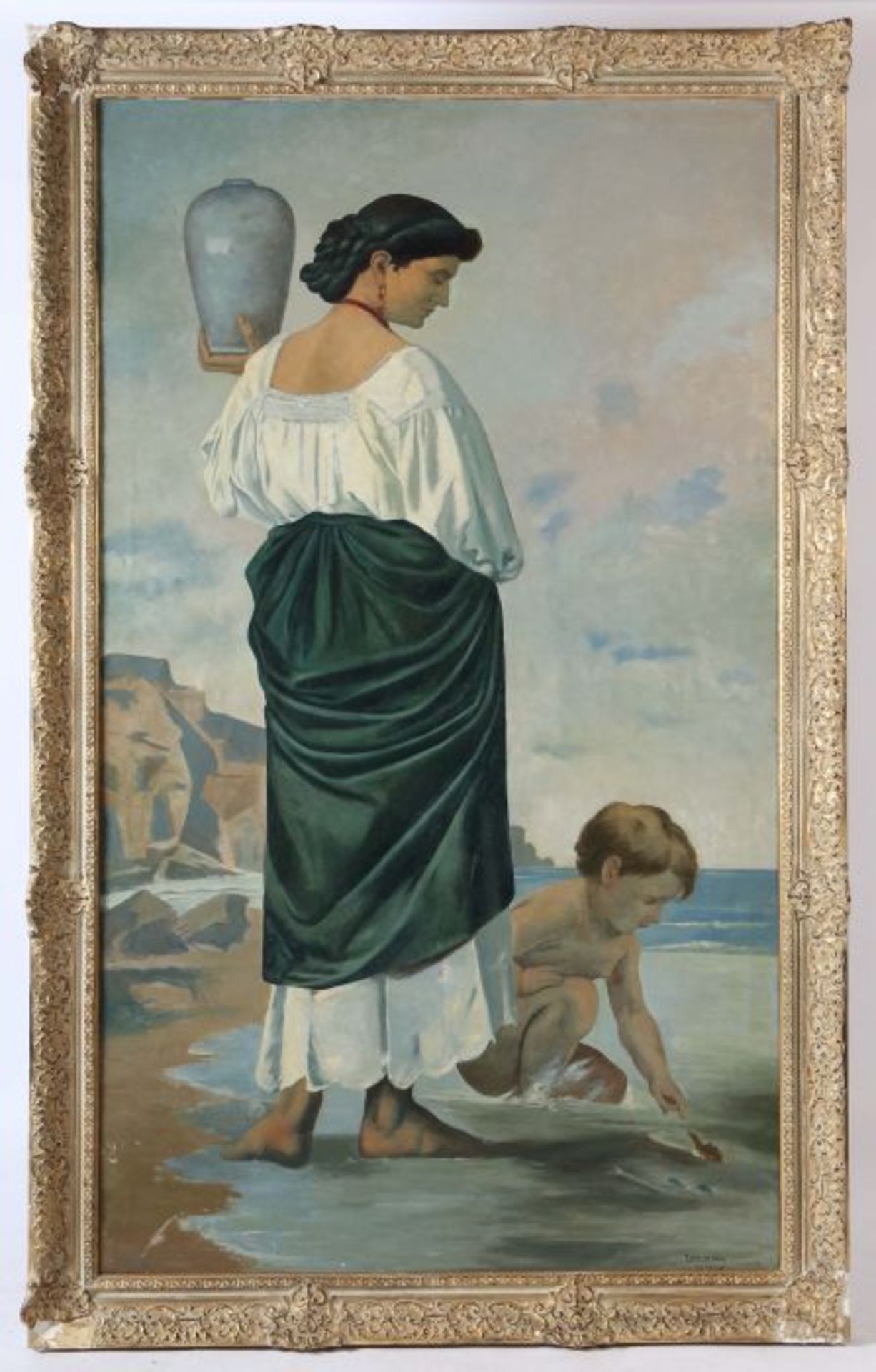 Maler des 20. Jh. "Am Strand", junge Frau, ein Gefäß in der Hand haltend, in der Brandung neben - Bild 2 aus 6
