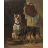 Contant, Jules 1822 - 1885, französischer Maler. "Zwei Hunde", vor einem Wassernapf, oben links