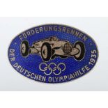 Brosche oval, blau emailliert, "Förderungsrennen der deutschen Olympiahilfe 1935", Olympische Ringe