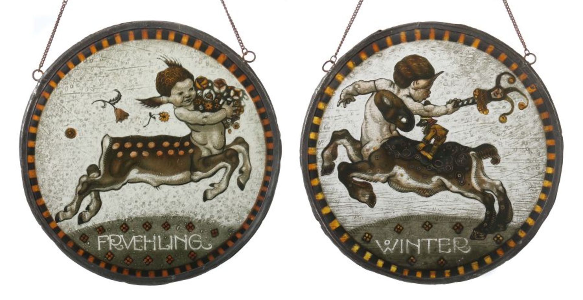 Zwei Rundscheiben Um 1900, Jahreszeitenscheiben "Frühling" und "Winter", farbloses Glas mit