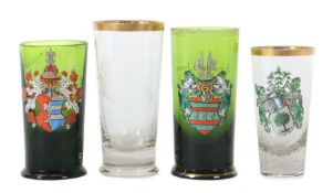 4 Studentika-Gläser um 1900, grünes und farbloses Glas, tls. polychrom staffiert, tls. geschliffen