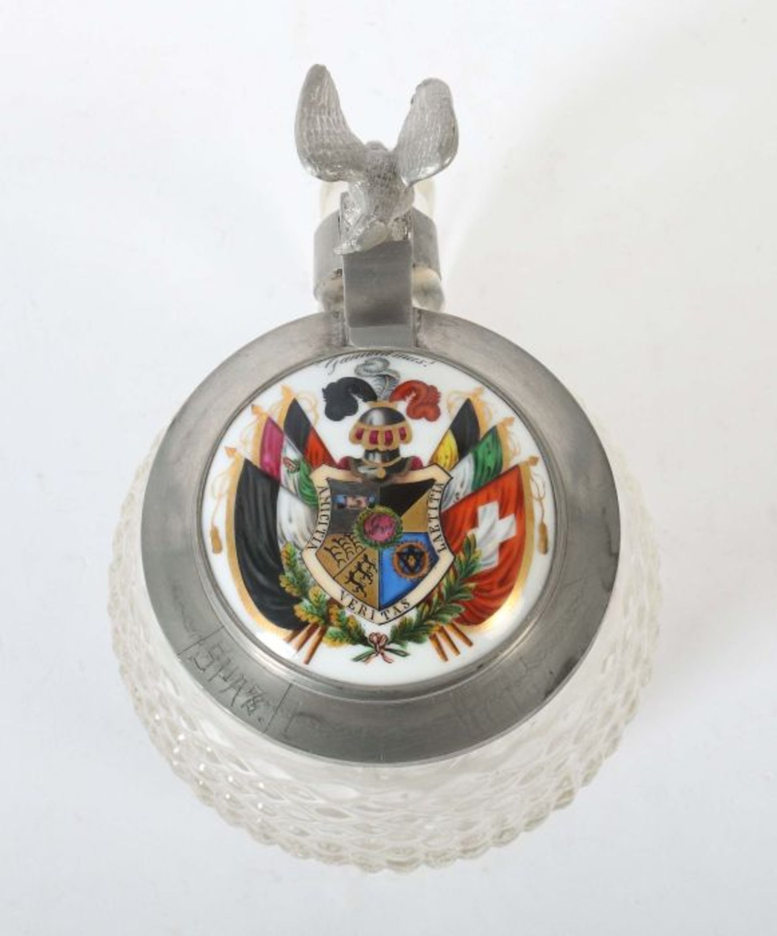 Tübinger Igel Klarglas mit Rautenrelief, Zinndeckel mit Porzellaneinsatz, darauf Studentika-Wappen - Bild 2 aus 3
