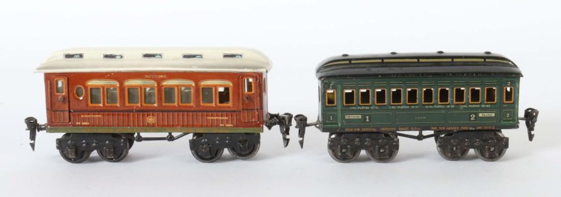 2 Personenwagen Märklin, Spur 0, 1 x Schlafwagen "MITROPA" 1894, BZ 1925, Teakholzoptik, - Bild 2 aus 2
