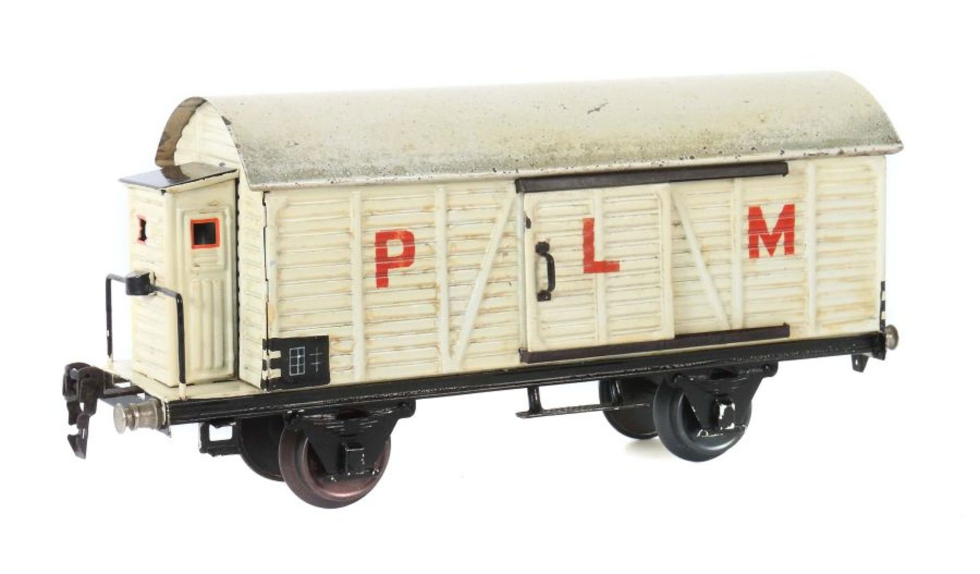 Kühlwagen Märklin, Spur 1, BZ 1931-1936, weiß HL, mit Bremserhaus, mit Aufschrift "PLM", L: 27,5