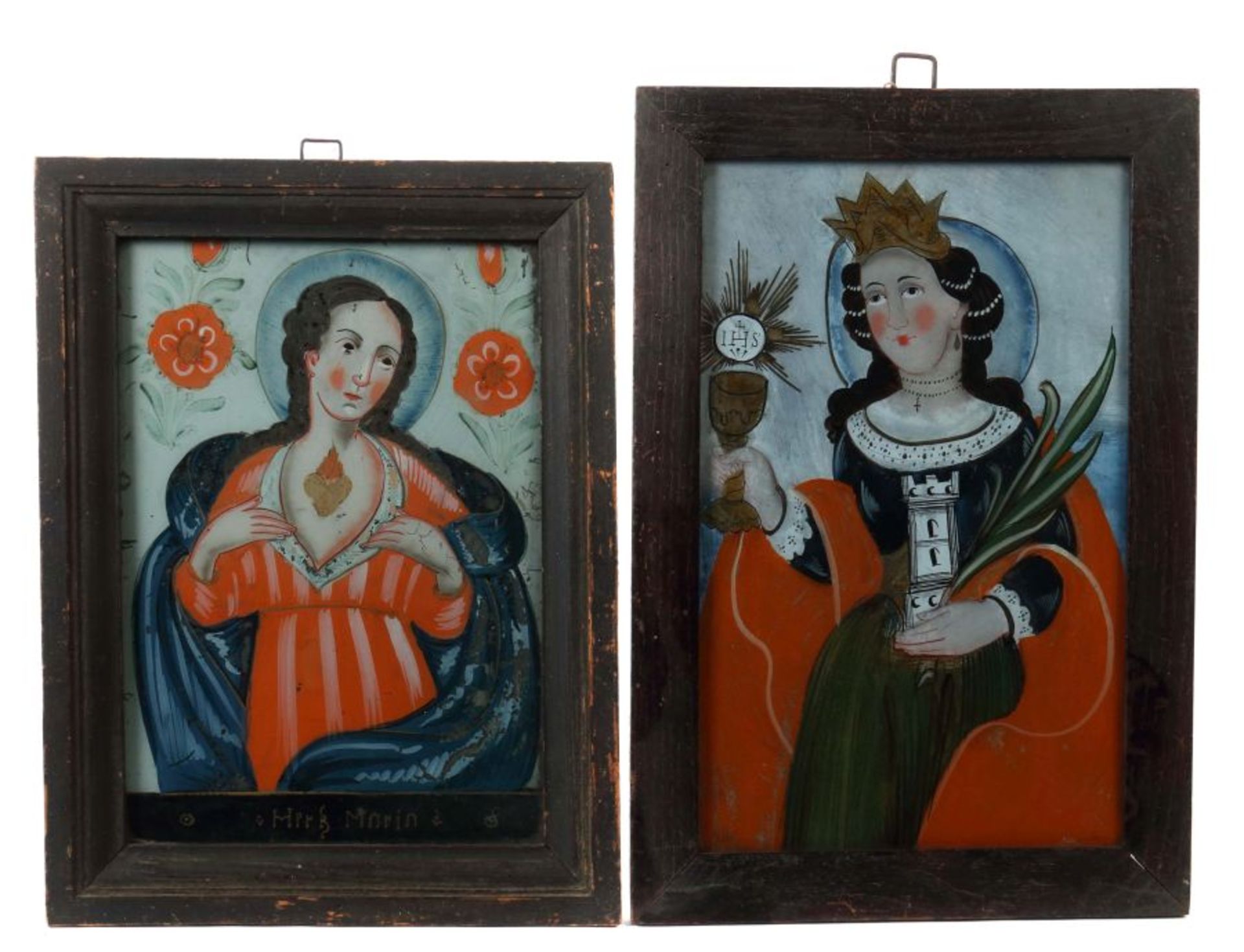 Zwei Hinterglasbilder 19. Jh., wohl Oberammergau, "Hl. Barbara" mit dem Turm und Kelch als