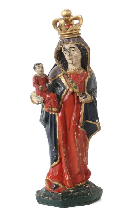 Bildschnitzer des 19. Jh. "Maria mit Kind", Holz geschnitzt, polychrom gefasst, halbrunde Figur der