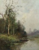 Nolet, A. (wohl Albert) "Angler", in einem Boot auf einem Flusslauf die Angelrute auswerfend,