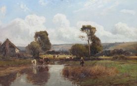 Manners, William 1860 - 1930, britischer Maler. "Kühe an der Tränke", sommerliche Flusslandschaft