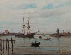Letellier Maler des 19./20. Jh.. "Die untere Seine", Blick auf die Seine mit Segelschiff, Booten