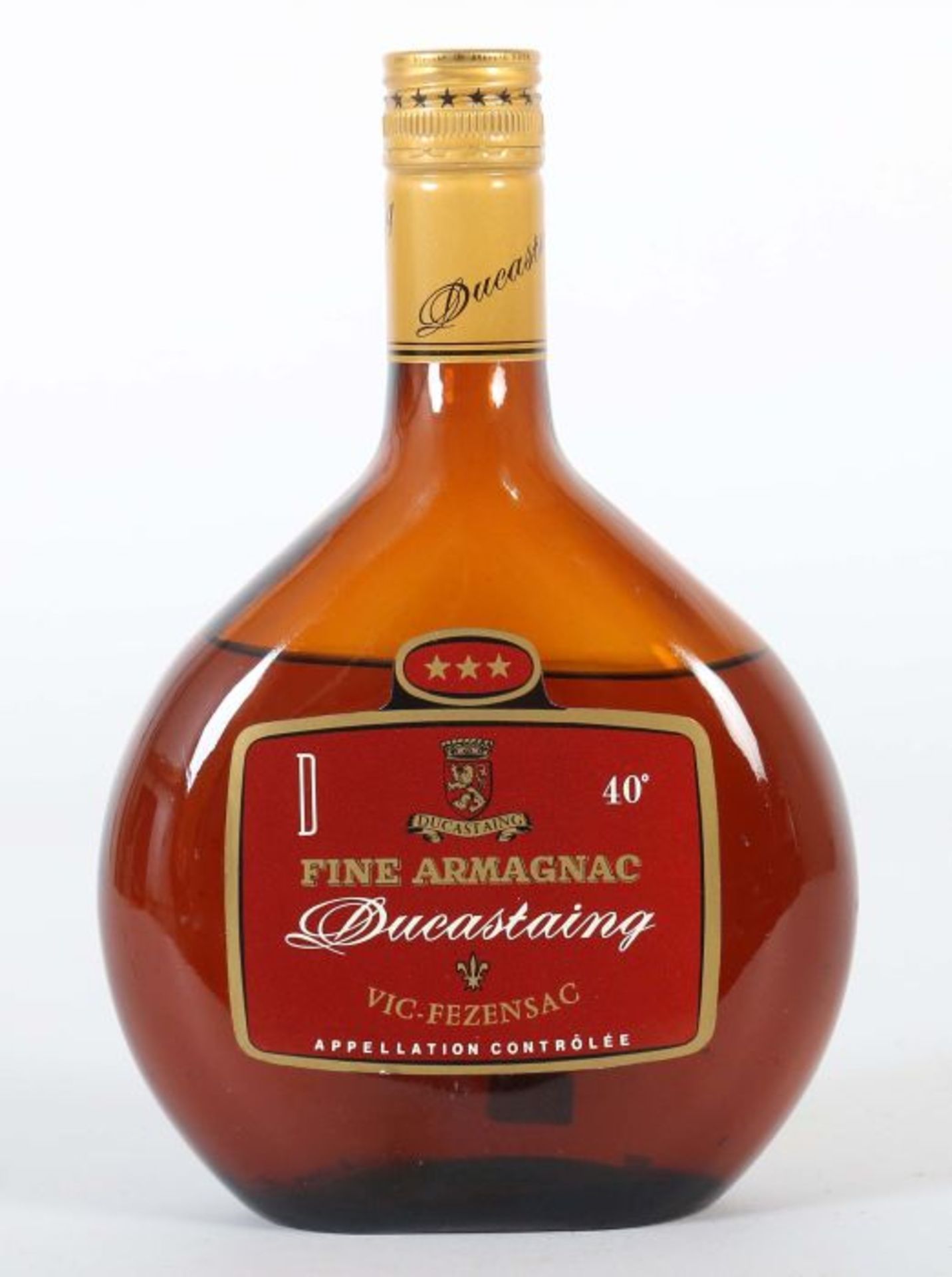 Ducastaing Fine Armagnac, Vic-Fezensac, in Beutel-Flasche, wohl Ende 1970er Jahre, 40% vol., 0,7 l.