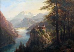 Landschaftsmaler des 19./20. Jh. "Schloss Rhäzüns" idyllisch auf einem steinigen Hügel gelegen, m
