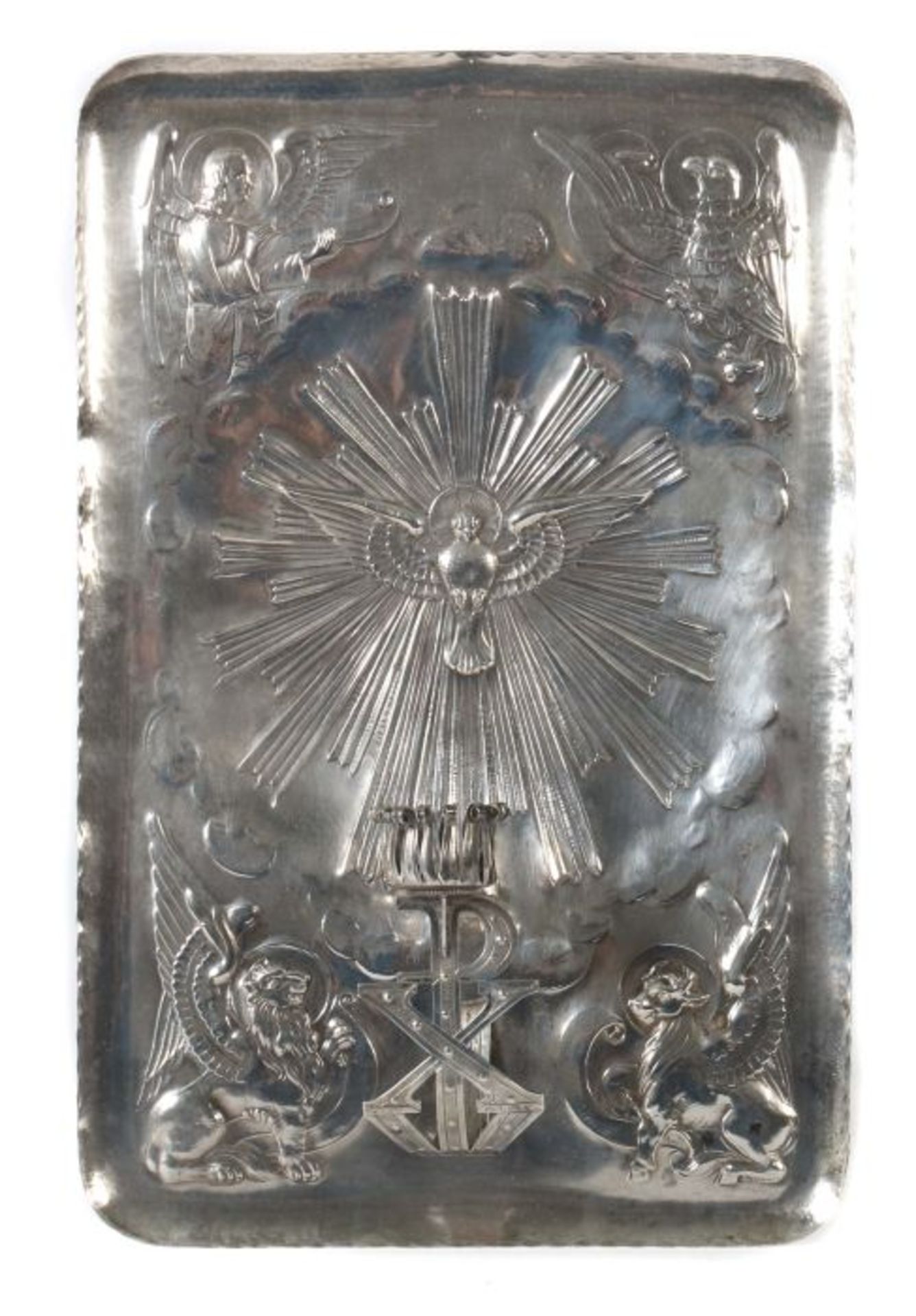 Blaker Schwäbisch Gmünd, Silber 800, 314 g, eckgerundetes Wandschild zentral mit getriebener Taube