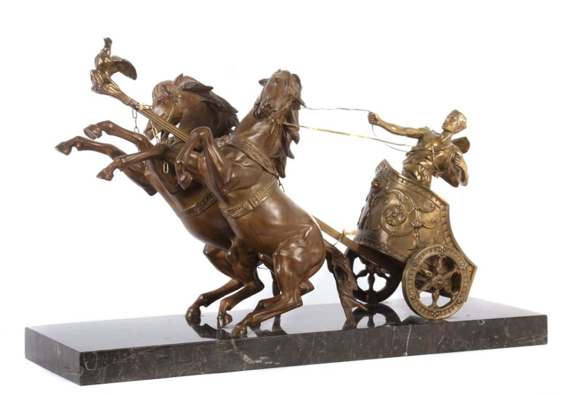 Domenech Et Pfeffer "Römischer Streitwagen", Metallguss patiniert, vollplastische Figurengruppe des
