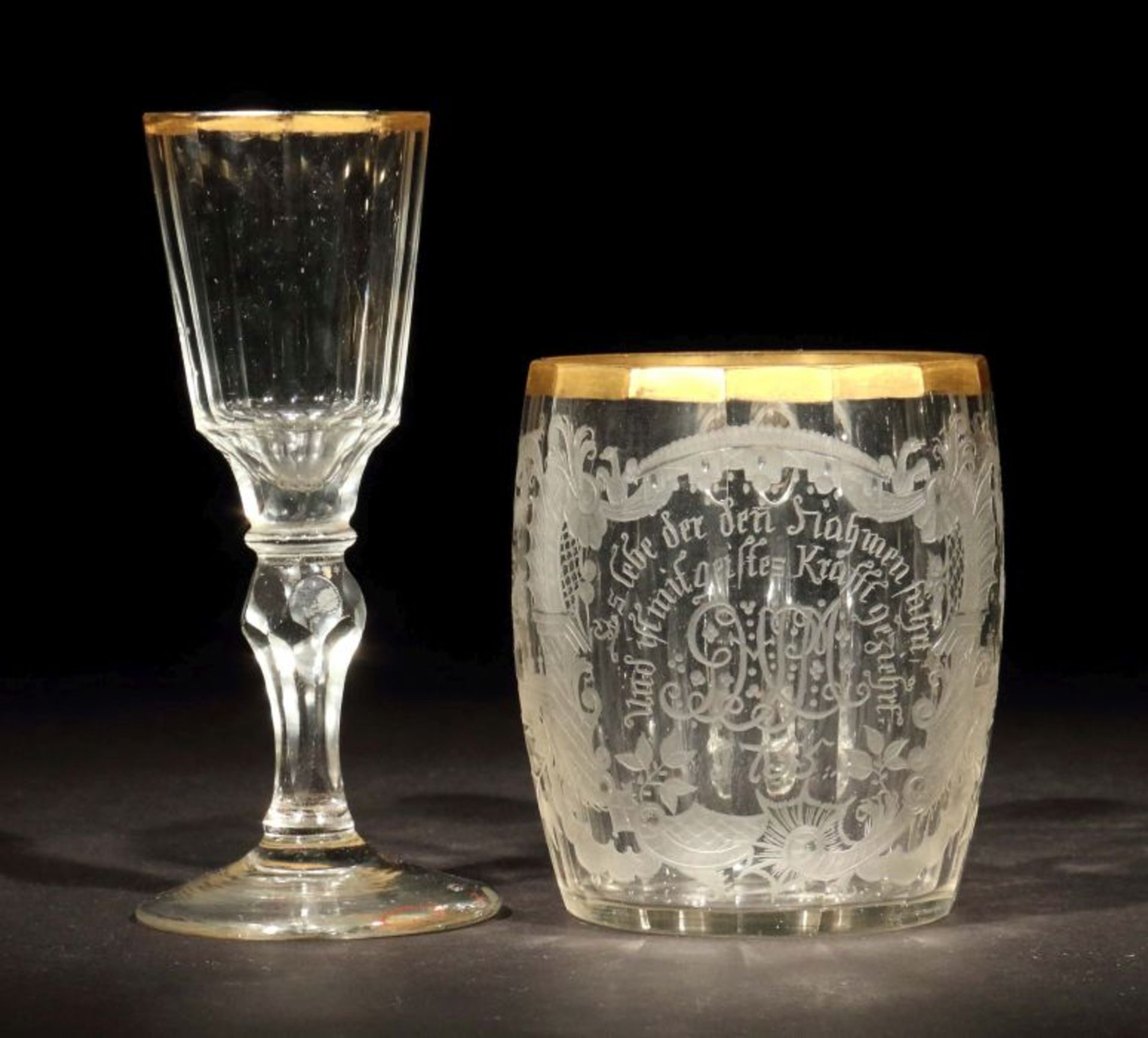 Zwei Gläser mit Golddekor Wohl Böhmen oder Deutschland, dat. 1755, Ende 18. Jh., farbloses Glas mi