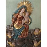 Reliefbild "Madonna mit Kind" 18./19. Jh., Holz geschnitzt, polychrom gefasst, plastische