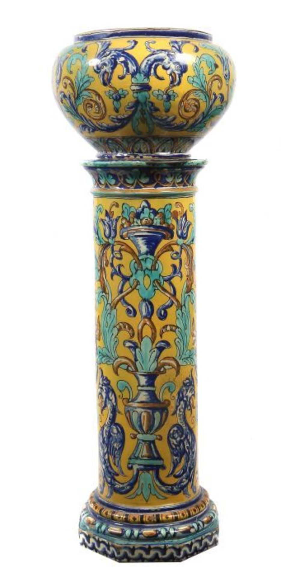 Historismus-Cachepot mit Säule Um 1880/90, beiger Scherben, polychrome Bemalung mit Scharffeuer- - Bild 2 aus 2