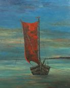 Malerin des 20. Jh. "Segelschiff", Darstellung auf dem Wasser bei Dämmerung, unten rechts sign. "