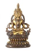 Amitayus Buddha Nepal/Tibet, 19. Jh., Kupfer/part. feuervergoldet, in vajrasana sitzender Buddha