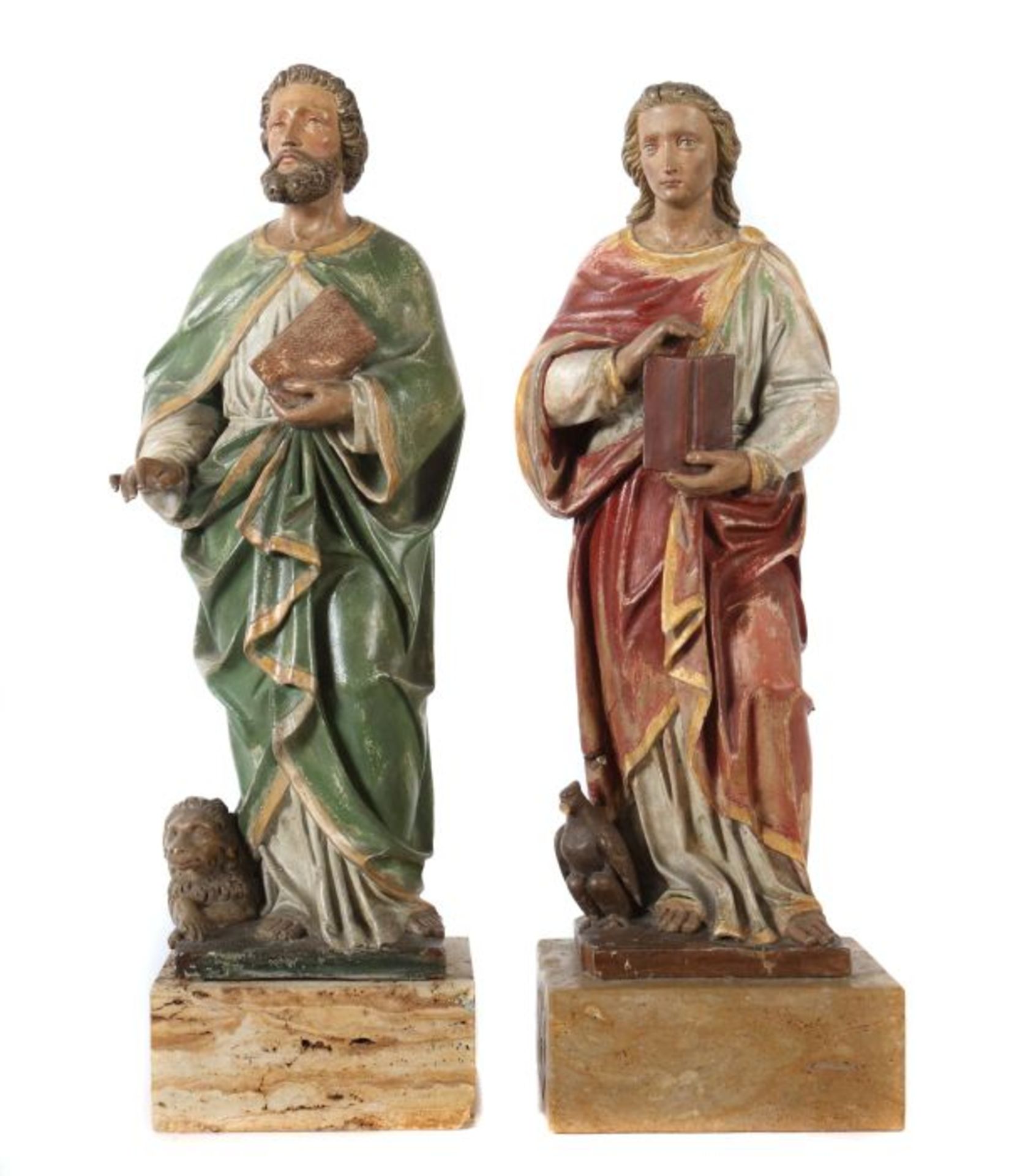 Bildhauer des 19./20. Jh. Zwei Evangelistenfiguren: "Johannes" und "Markus", Holz geschnitzt,